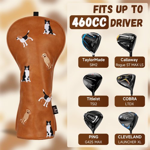 Craftsman Golf PU Leather Dog Embroidery 460cc Driver Headcover Cute Chocolate Lab Border Collie Beagle