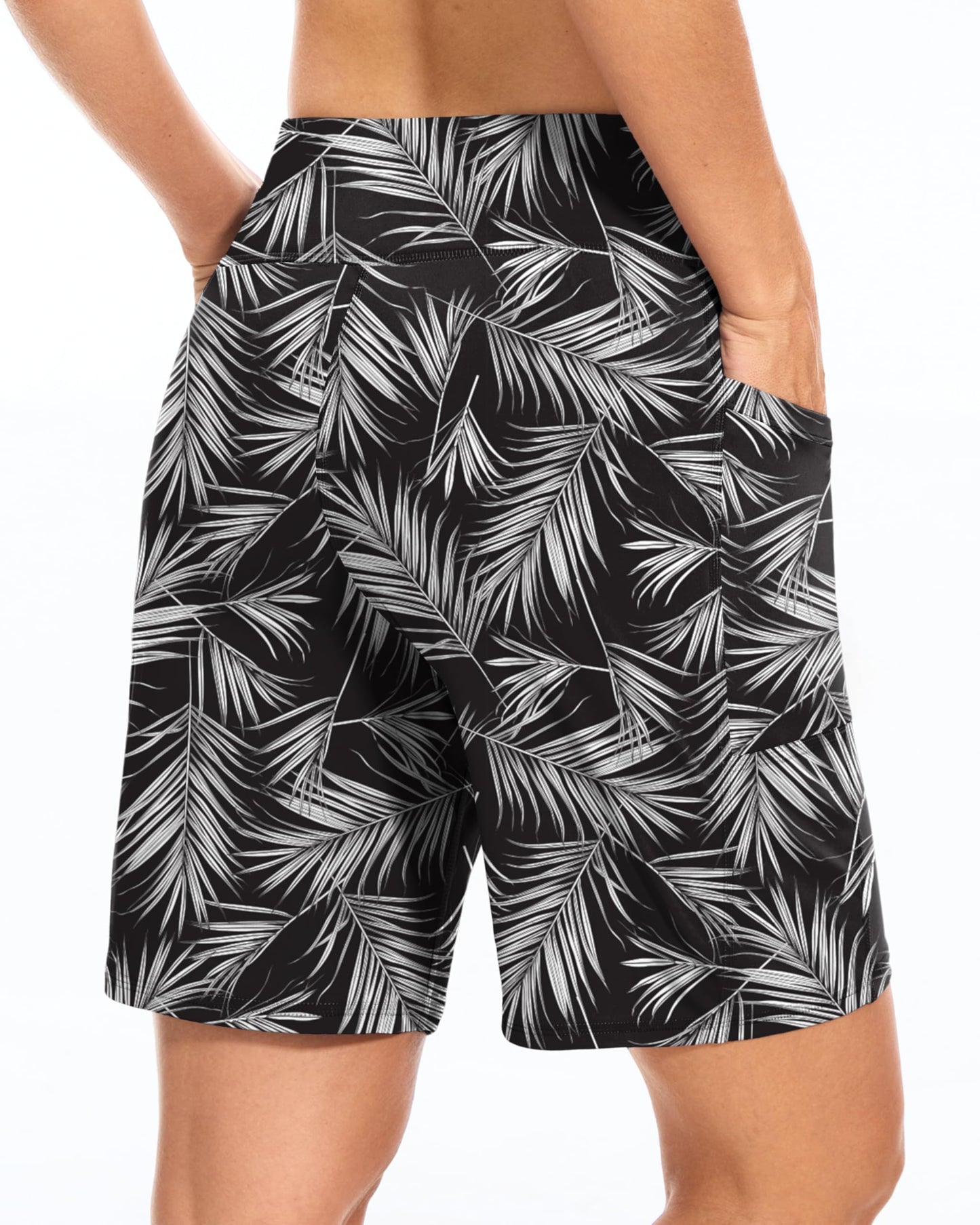 Blouty Women's 7" Bermuda Shorts with Pockets High Waisted Stretch Athletic Long Shorts for Women Workout Casual (Palm Leaf, Large)