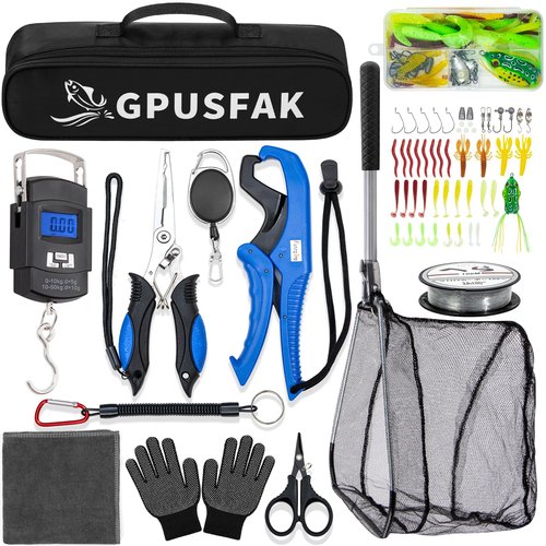 GPUSFAK Fishing Tool Kit, 54 Pieces Fishing Gear, Fishing Pliers with Lanyard, Fish Scale, Fish Lip Gripper, Fly Ice Fishing Net, Anti-Slip Gloves