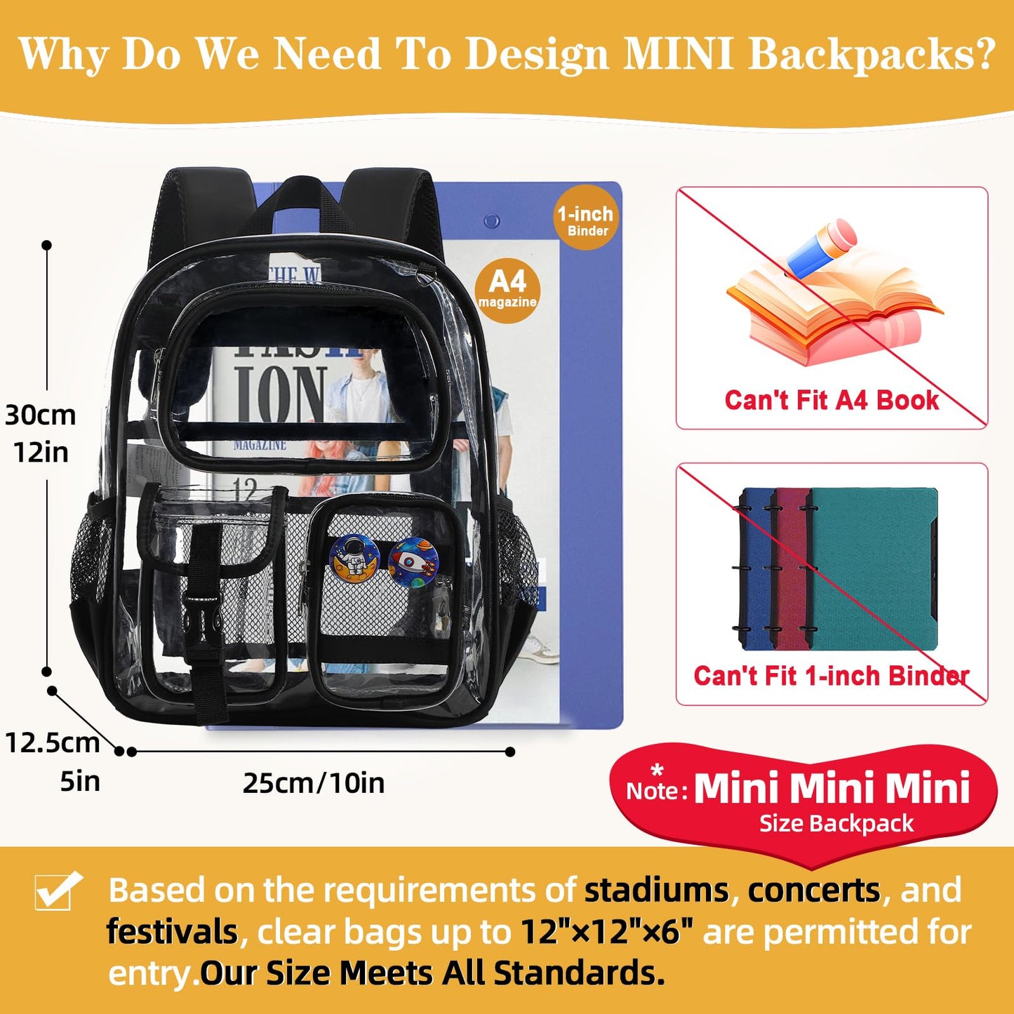 Unineovo Mini Clear Backpack for Stadium Approved 12x6x12, Small Transparent Backpacks Plastic See Through Clear Bag for Kids Girls Women for Sporting Event, Concerts, Work, Festival (Black)