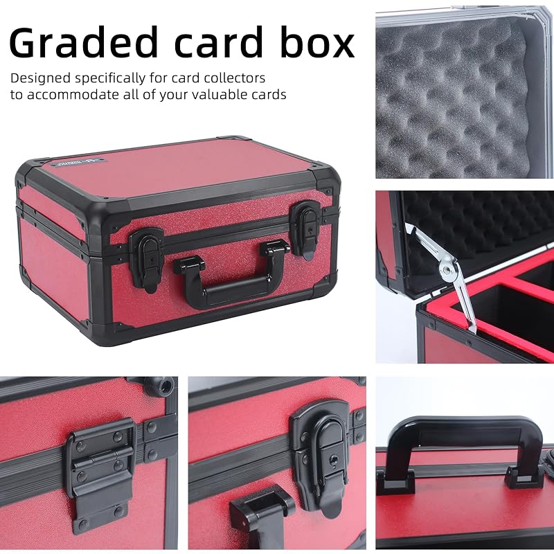 Graded Card Storage Box Red 3-Slot Aluminum Case 14.17x11.2x7 in