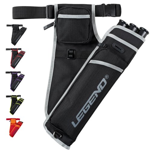LEGEND First Archery Quiver Case for Arrows - Right Handed Target Shooting Hip Quivers with Adjustable Belt & 3 Arrow Tubes - Durable T-Slot & Storage Pockets for Accessories & Score Card - Black/Grey