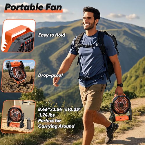 MATULSA Portable Rechargeable Camping Fan, 10-Inch Battery Operated Fan, Quiet Table Fan with LED Lights, 4 Fan Speeds and 125°Rotation, Rechargeable Beach fan for Travel, Fishing, Picnic, Orange