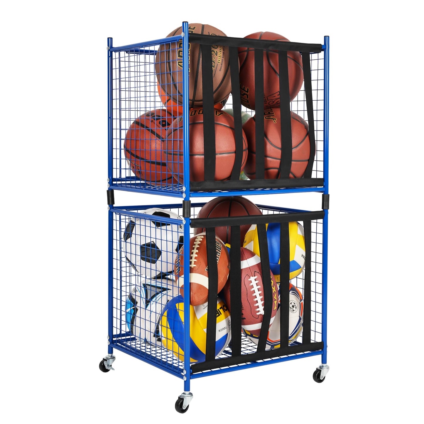 Mythinglogic Rolling Sports Ball Storage Cart, Sports Lockable Ball Storage Locker with Casters, Stackable Ball Cage for Garage Storage Garage Organizer (2 Pack Blue)