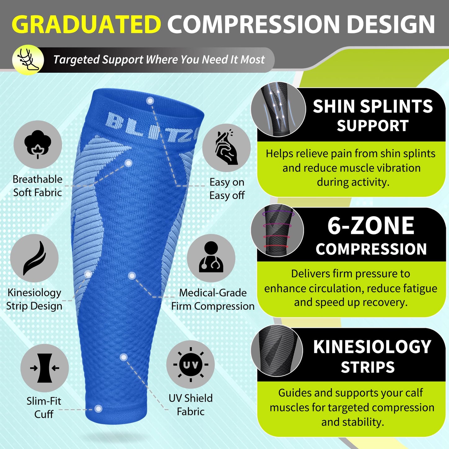 BLITZU Calf Compression Sleeve for Women and Men, Shin Splint Sleeves for Varicose Veins, Nursing, Pregnancy, Running, Footless Compression Socks Support for Calf Muscle Pain Relief Blue L-XL