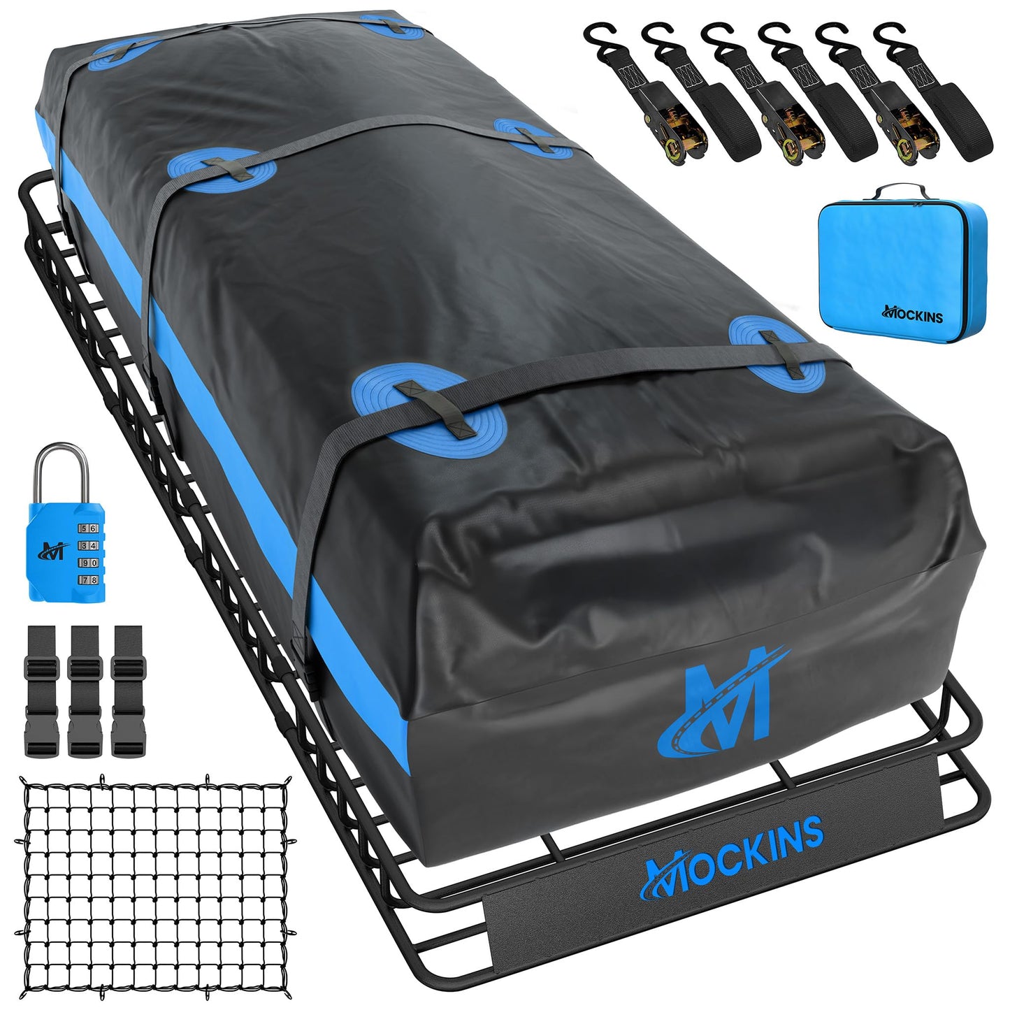 Mockins 84"x39"x6" XL Extendable Roof Rack Cargo Carrier & 35 CuFt Waterproof Cargo Bag for Top of Car | 3 Length Sizes: 40", 63", 84" Luggage Rack for SUV Car & Truck with Roof Basket Accessories
