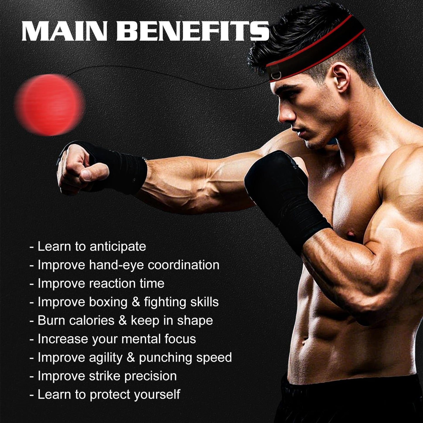 KTEBO® Boxing Reflex Ball Headband Set - Includes 4 Different Balls, 2 Adjustable Headbands and 2 Boxing Hand Wraps for Beginner Proficiency Improvement, Great Boxing Equipment
