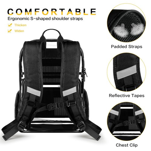 GEAMSAM Clear Backpack Transparent Heavy Duty Bookbag See Through Bag with Reinforced Bottom for College, Travel, Workplace Security - Black