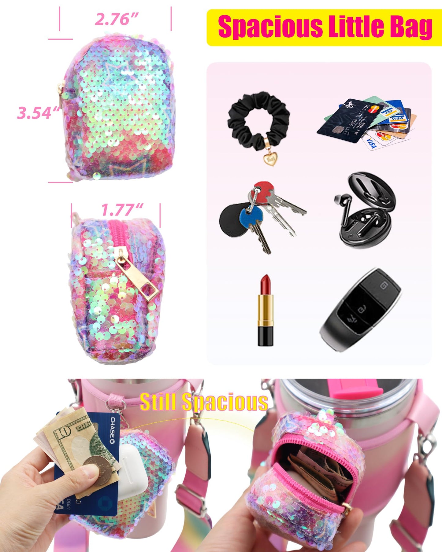 TOVICE Stanley Cup Holder with Strap, Crossbody Strap for Stanley 40oz & 30oz /Hydroflask/Simple Modern, Glitter Sequin Coin Purse, Pink Stanley Cup Accessories, Fits Most 32-40oz Bottles
