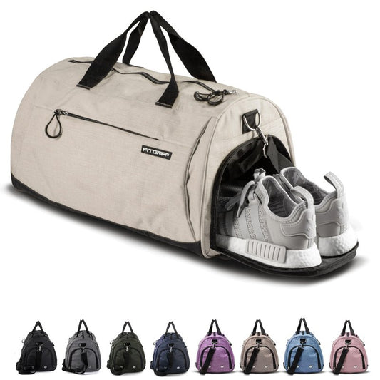 Fitgriff® Gym Bag for Men & Women with Shoe & Wet Compartment - Duffle Bag for Travel, Sports, Fitness & Workout (Beige, 19 x 10 x 10″ (Small))
