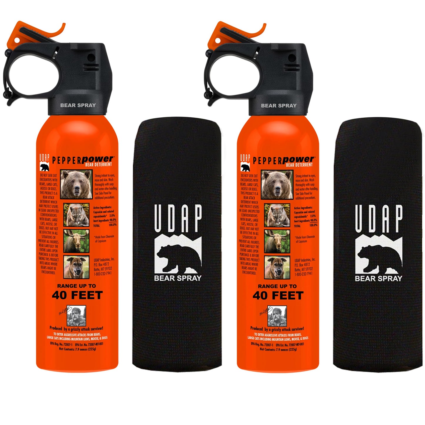 UDAP Pepper Power Bear Spray Self Defense Deterrent with Holster for Camping, Hiking, Fishing, Powerful Blast Pattern, 30 ft Fog Barrier, Safety Orange, SO2, 7.9 oz, 2 Pack
