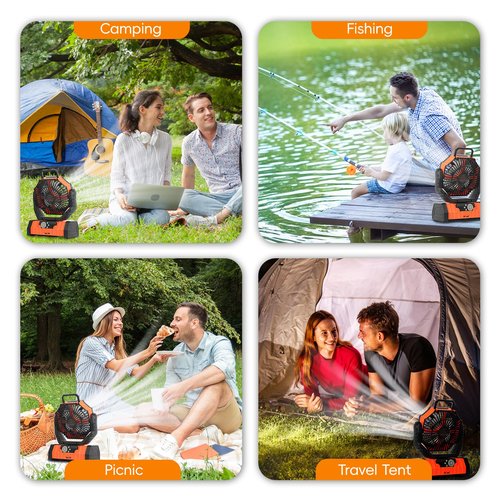 OUTTPLY 20000mAh Camping Fan - Rechargeable Battery Powered Portable Fan with LED Lantern, Remote Control, Oscillating, 360° Rotation Hanging Hook for Outdoor Travel, Camp, Tent