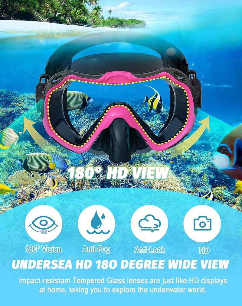 Diving Snorkel Mask Set 180° Vision Dry Top Anti-Fog Anti-Leak for Adults - Black Pink Variation