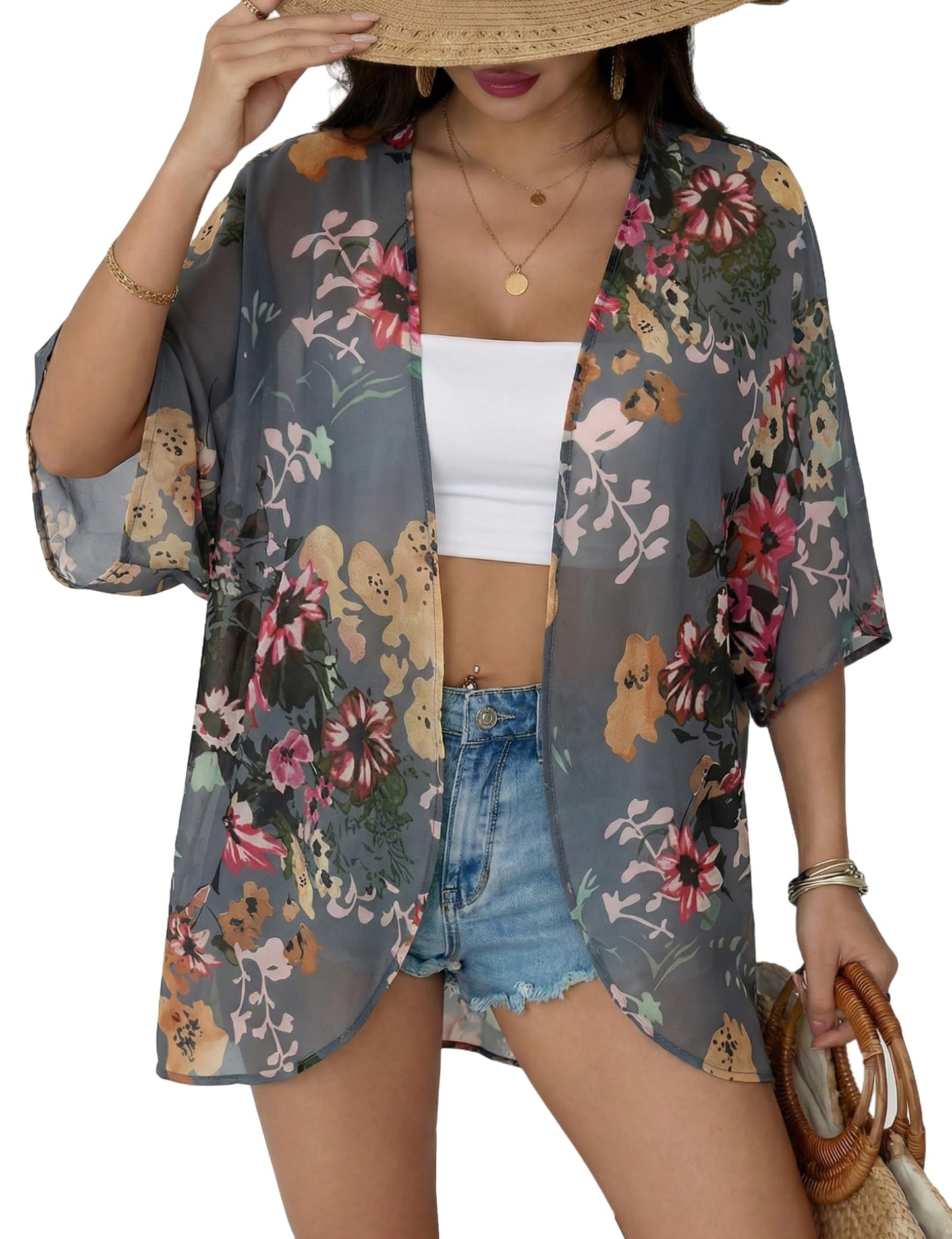 Chunoy Women Short Sleeve Chiffon Kimono Beach Swimsuit Cover Up