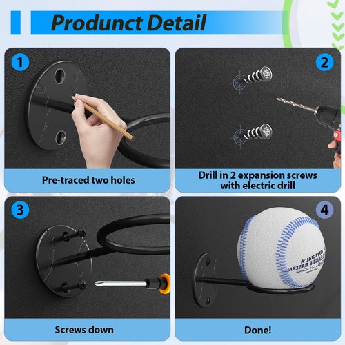 LEVENDOR 3Pcs Baseball Holder Wall Mount Rack,Heavy Duty Metal Baseball Holders for Display,Baseball Wall Mount Storage Rack for Game Ball,Memorabilia Softball Holders for Display