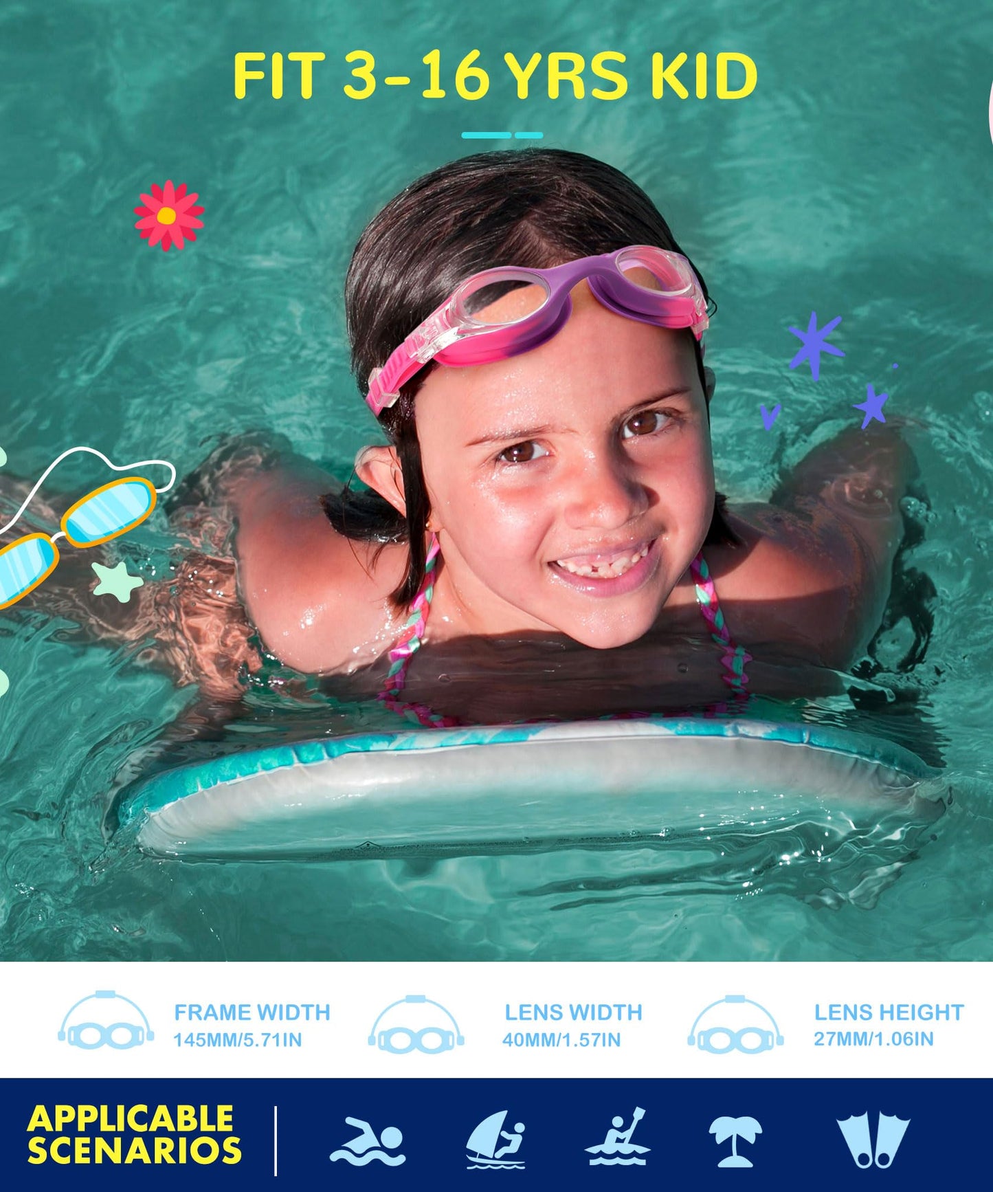 NSSIW Kids Swim-Goggles Swimming-Goggles-for Kids: Goggles Anti Fog Pool No Leak 2 Pack Ages 3-16