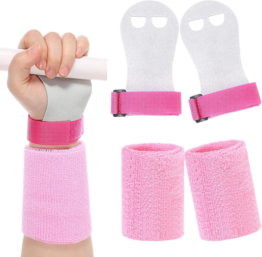 2 Gymnastics Grips Wristbands Sets, Gymnastic Hand Grips Gymnastic Bar Palm Protection & Wrist Support Sports Accessories for Kids Youth Gymnastic Hand Grips for Workout Exercise