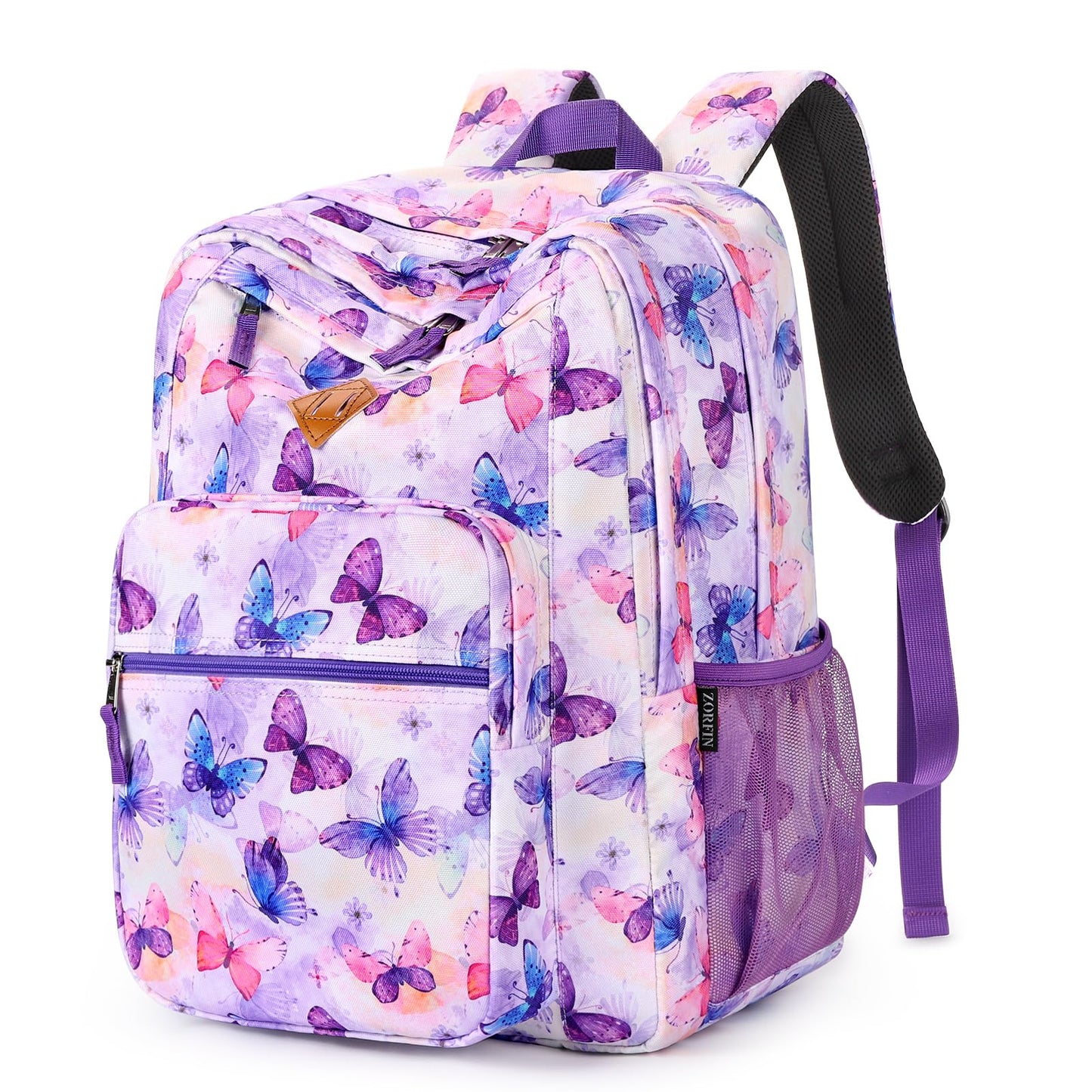 ZORFIN 26L Backpack for College, and Travel: Water Resistant Bookbag - Butterfly Purple
