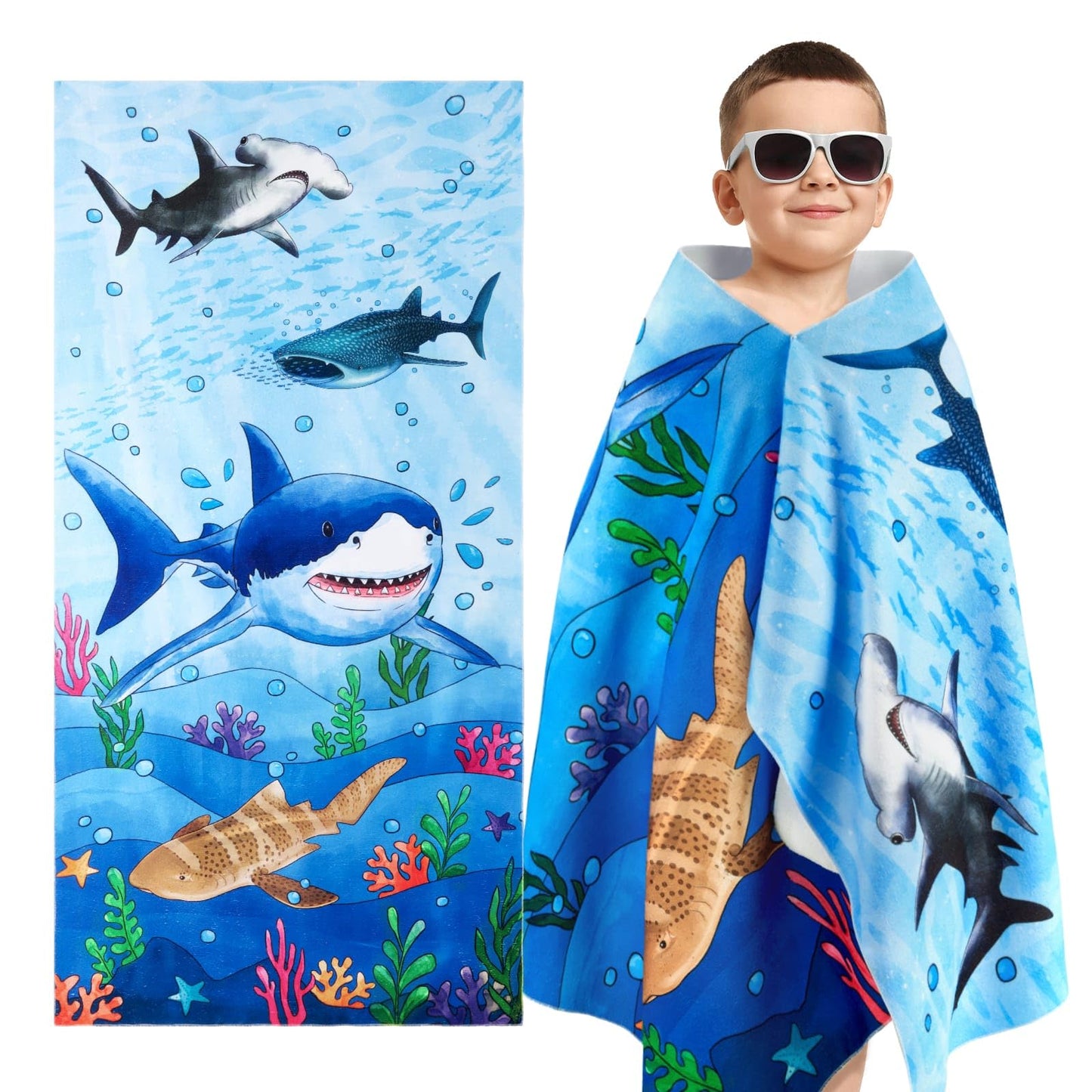 WERNNSAI Kids Beach Towel for Boys, Shark Quick Dry Swim Towel