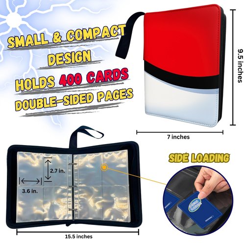 Trading Card Binder 4 Pocket 400 Card Holder With Card Storage Box Has Removable Sleeves Made With Leather, Zipper and Wrist Band Great Gift For Kids As Card Storage