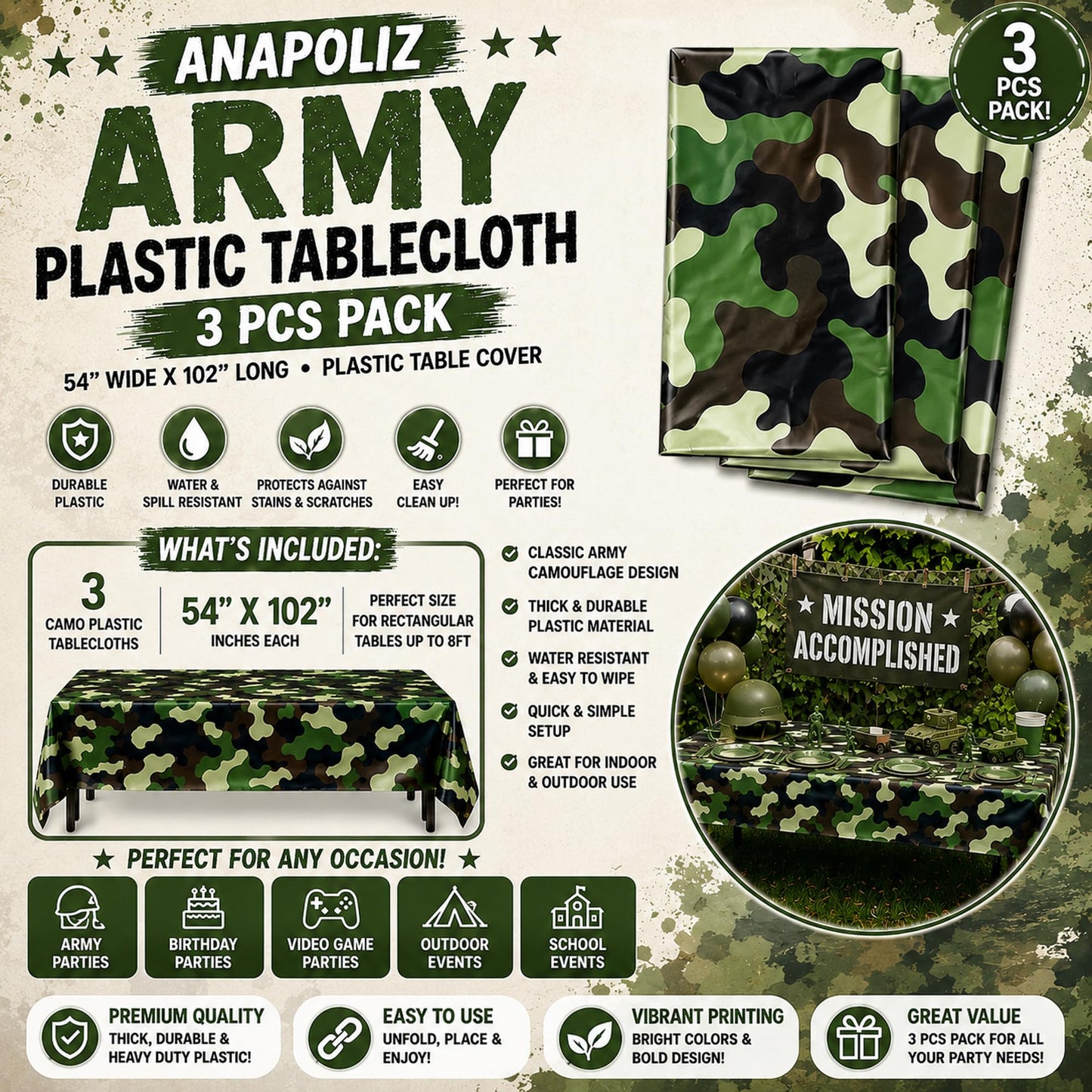 AnapoliZ Army Plastic Tablecloth | 3 Pcs Pack (54” Inch Wide x 102” Inch Long) | Rectangular Camouflage Table Cover | Military Party Table Decorations | Camo Party Plastic Table Cover