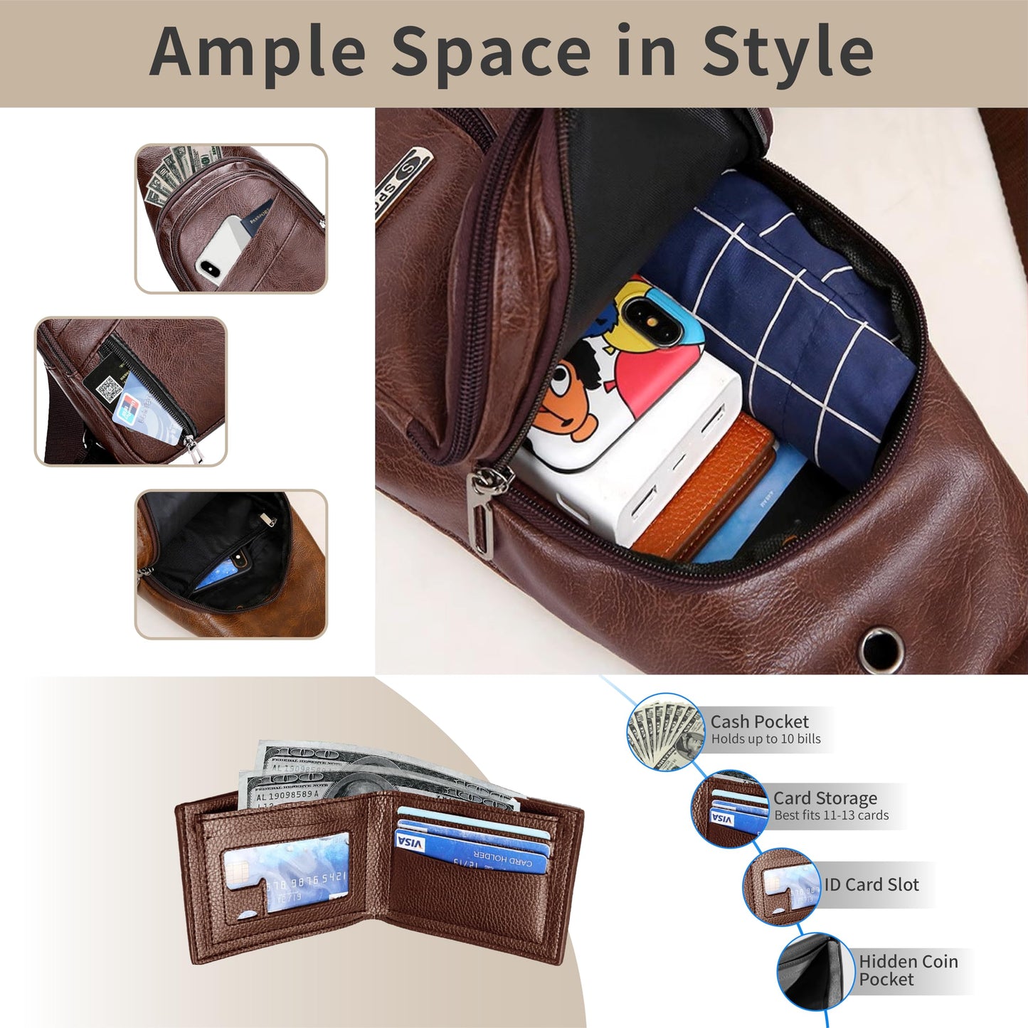2 Pack Sling Bag Set, PU Leather Sling Bag with Classic Wallet, Multi-Zipper Design for Travel, Outdoors
