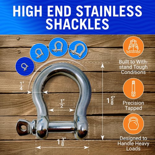 Premium Stainless Steel D-Ring Shackles, Marine Grade, 4-Pack, 1/4" Mini Bow or Clevis Anchor Shackle for Boat, Sailboat, Chain, Rigging Clasp