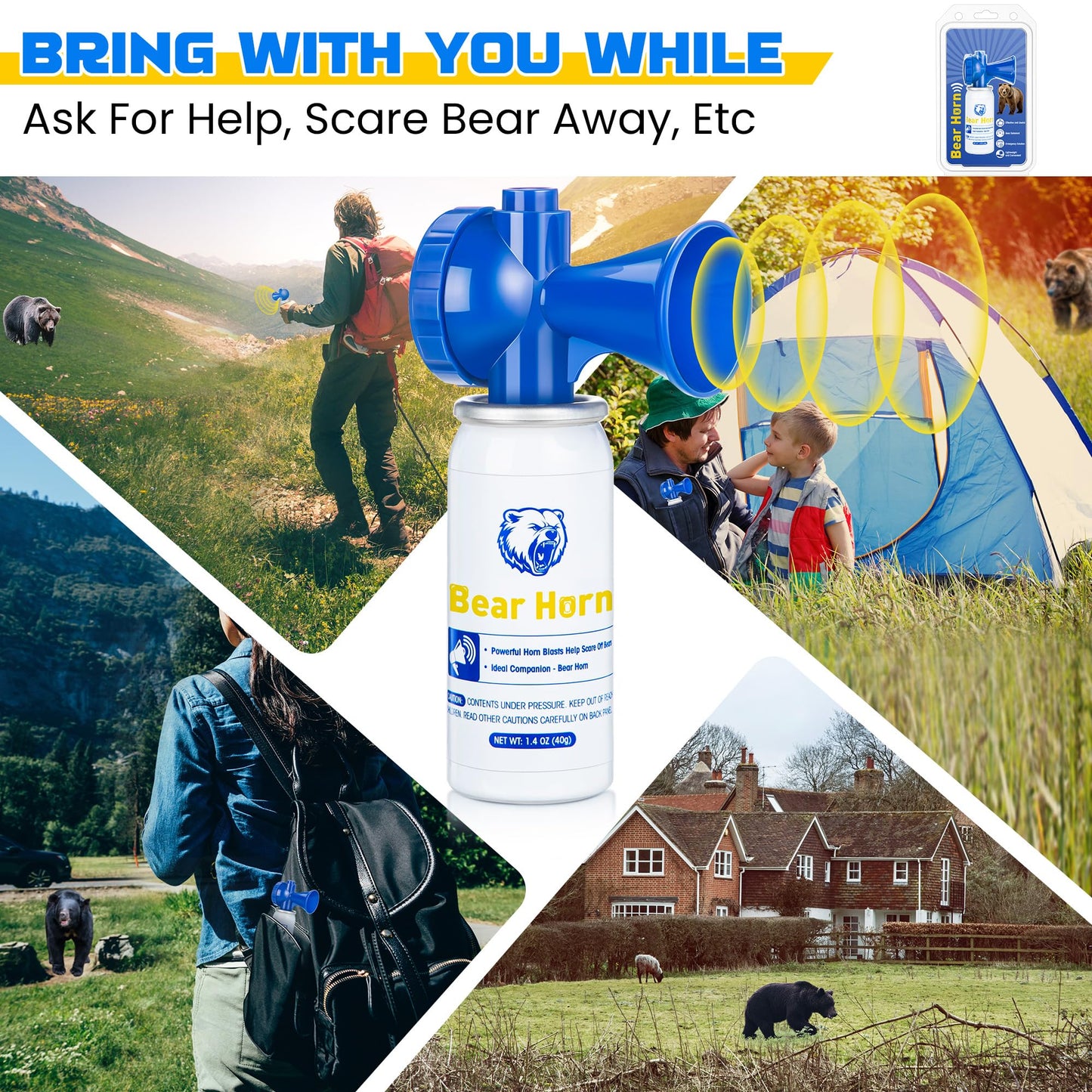 2 Pack 1.4oz Bear Horn Self Defense, Loud Air Horn for Wild Animals, 120dB Heard up to 1/2 Mile Away, Ideal for Hiking