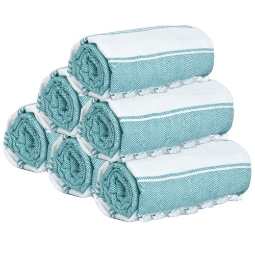 GLAMBURG Peshtemal Turkish Beach Towel Cotton Oversized 36x71 Set of 6 for Adults, Soft Durable Absorbent Extra Large Hammam Bath Sheet - Teal