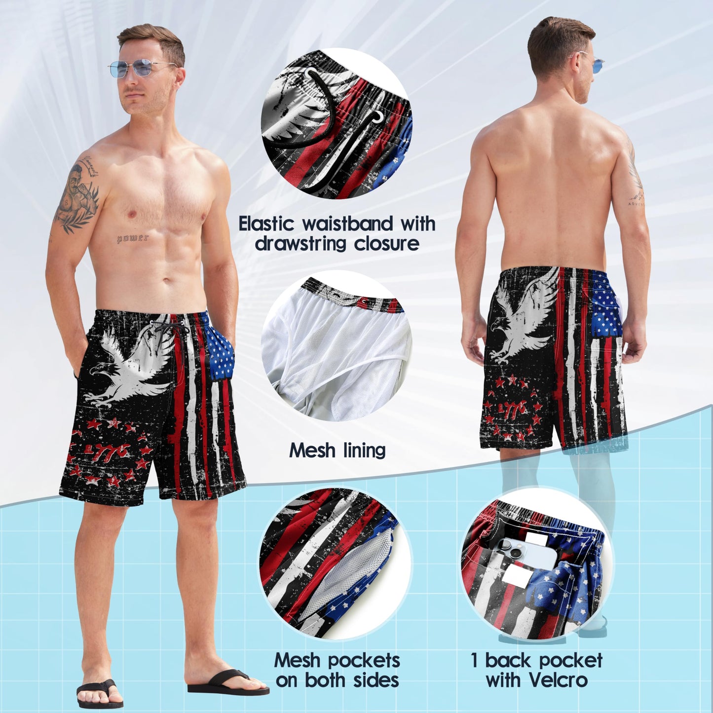 FT FENTENG Mens Swim Trunks Swimsuits, Patriotic 1776 American Flag Board Shorts Men's Swimwear Bathing Suit with Mesh Lining, Funny Hawaii Quick Dry Beach Shorts for Mens Swimming Trunks, Large