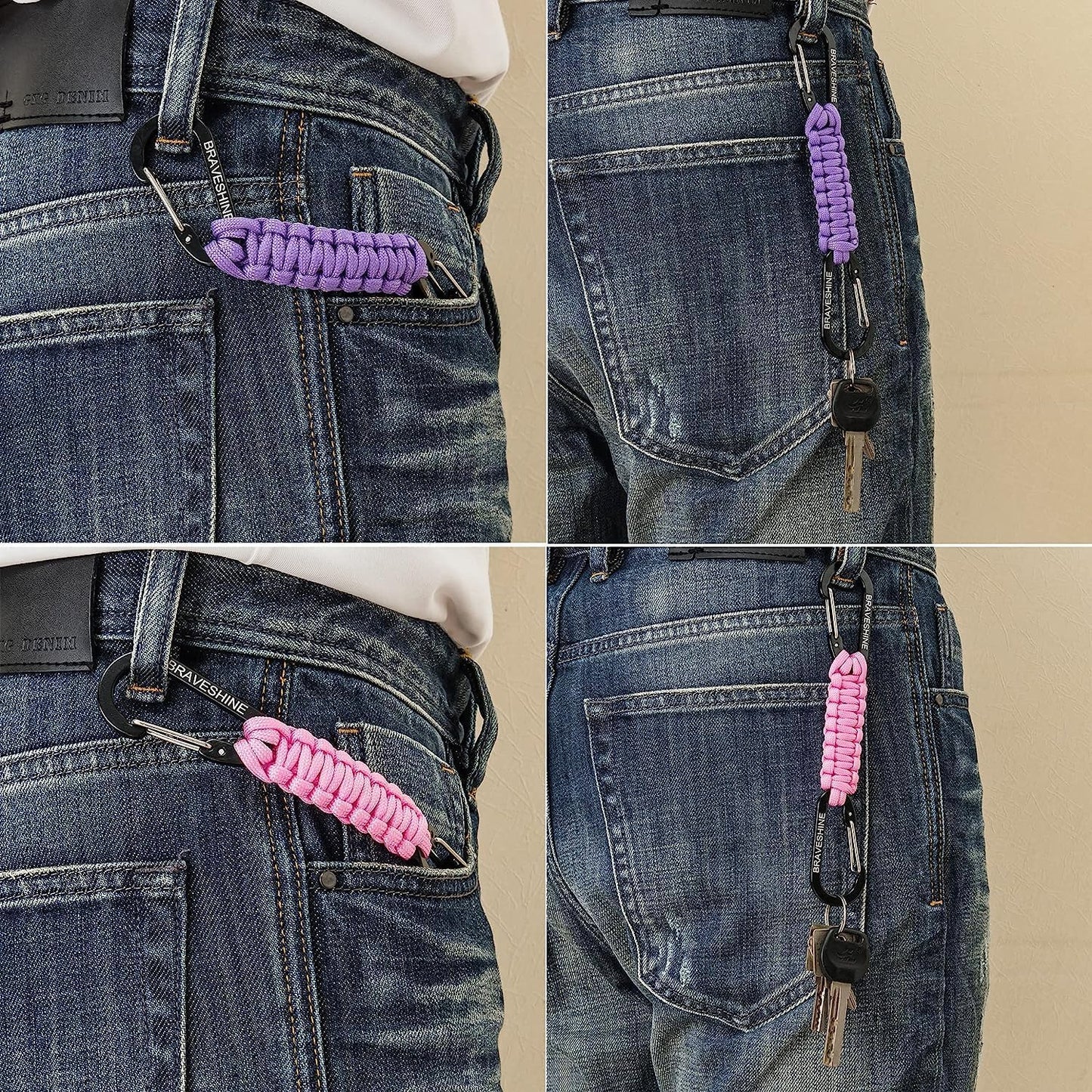 BRAVESHINE Carabiner Keychain Hook with Paracord Strap - 1 Purple 1 Green D Ring Key Clips Para Cord Lanyard Hanger Stroller Hooks for Water Bottle, Belt Loop Keys, Backpacks, Boys, Girls, Men, Women