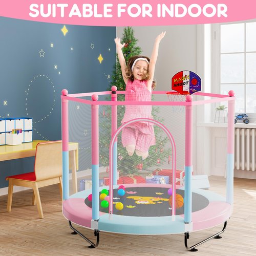 60" Trampoline for Kids, 5 FT Toddler Baby Trampoline with Safety Enclosure Net, Indoor or Outdoor Pink/Blue Small Trampolines with Basketball Hoop, Birthday Gifts for Kids, Gifts for Girl Age 3-8