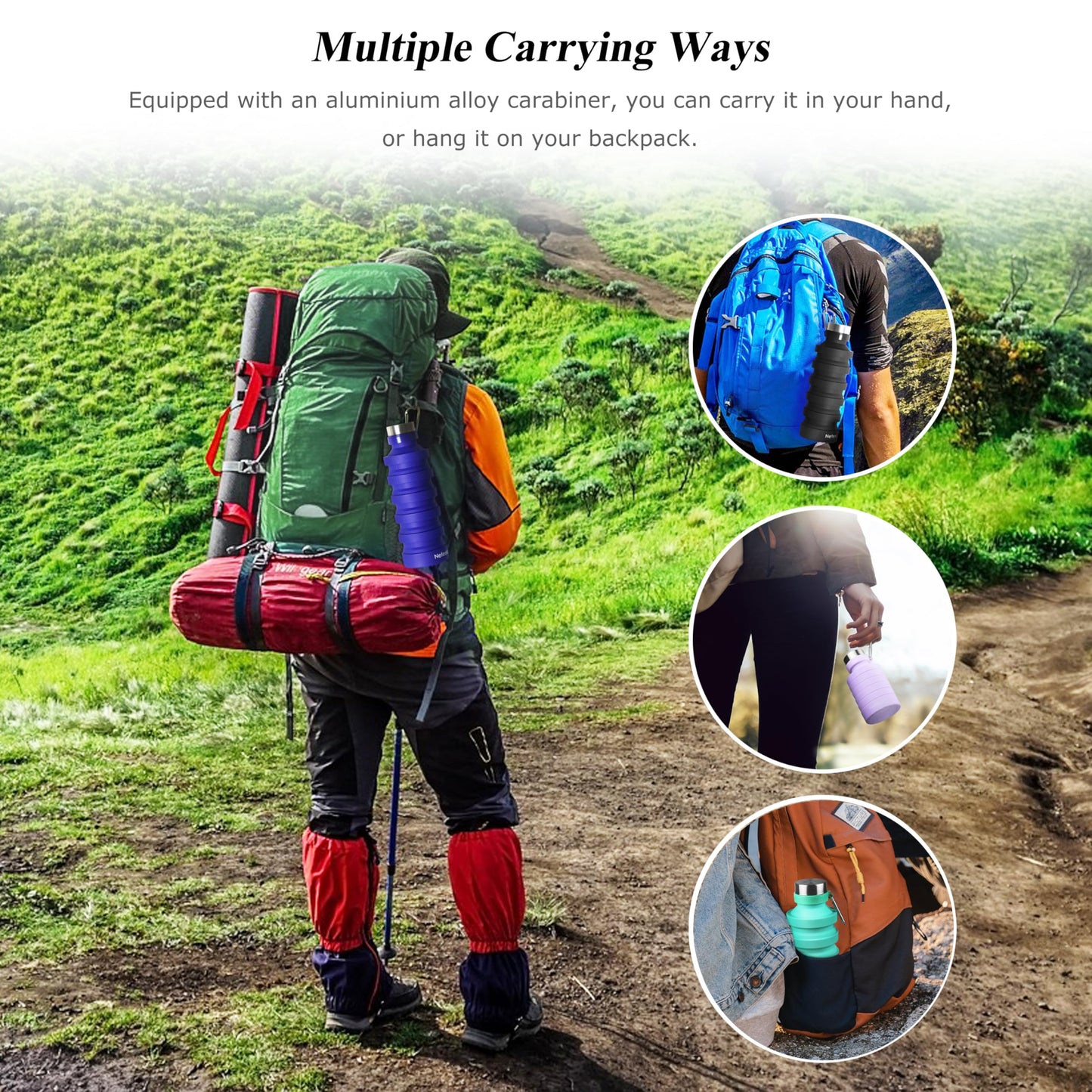 Nefeeko Collapsible Water Bottle, 27oz Reuseable BPA Free Silicone Foldable Portable Leak Proof Sports Water Bottle with Carabiner for Travel Gym Camping Hiking