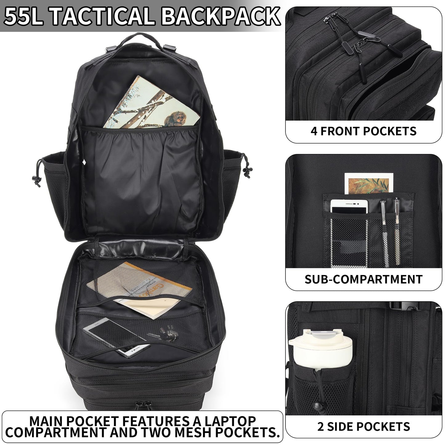 MoonWang 55L Tactical Backpack Heavy Duty Military Rucksack Molle Backpack 3 Day Assault Pack for Work Outdoors