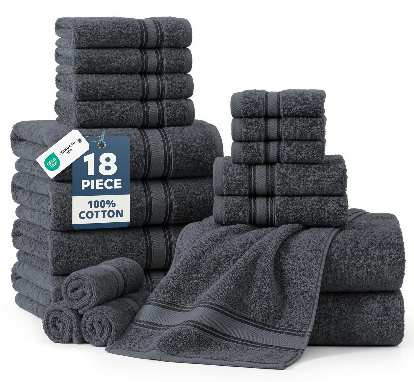 LANE LINEN 100% Mercerized Cotton Bath Towels Set of 18 – Zero Twist, 6 Bath, 6 Hand Towel & 6 Washcloths, Soft, Ideal for Spa Hotel & Home, Gentle on Body, Durable After Multiple Washes – Cool Grey