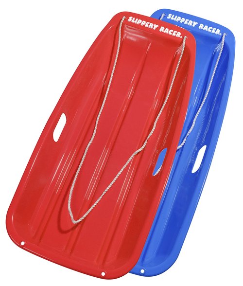Slippery Racer Downhill Sprinter Flexible Kids Toddler Plastic Toboggan Snow Sled with Pull Rope for 1 Adult or Kid Rider, Red and Blue (2 Pack)