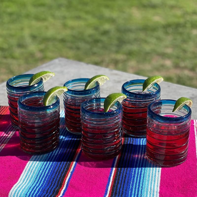 Aqua Spiral 10 oz Mexican Hand-Blown Tumbler Glasses Set of 6