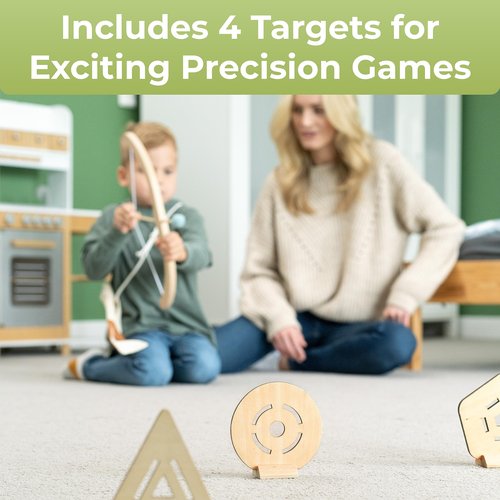 BOWRILLA® Kids Bow and Arrow Set | Wooden Archery Toy for Boys & Girls Aged 3-7, Bow and Arrow for Kids | Includes 5 Arrows, 4 Targets, Cotton Quiver | Indoor & Outdoor Play