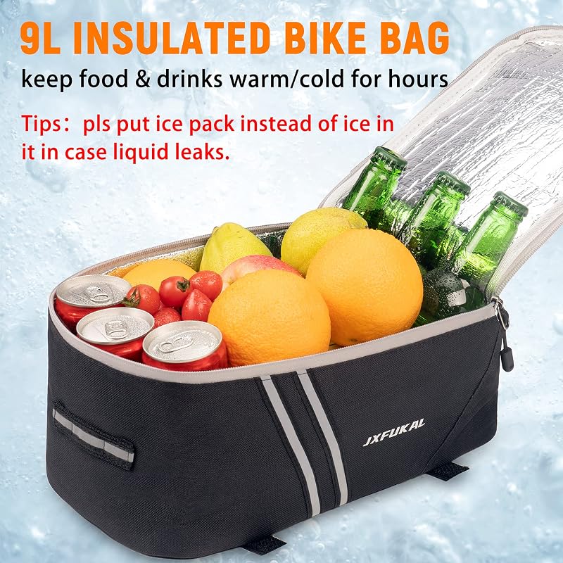 Insulated 9L Rear Bike Rack Bag with Rain Cover - 9L Capacity, 12.6 x 6.7 x 6.3in, Includes Top Pocket & Reflective Strips