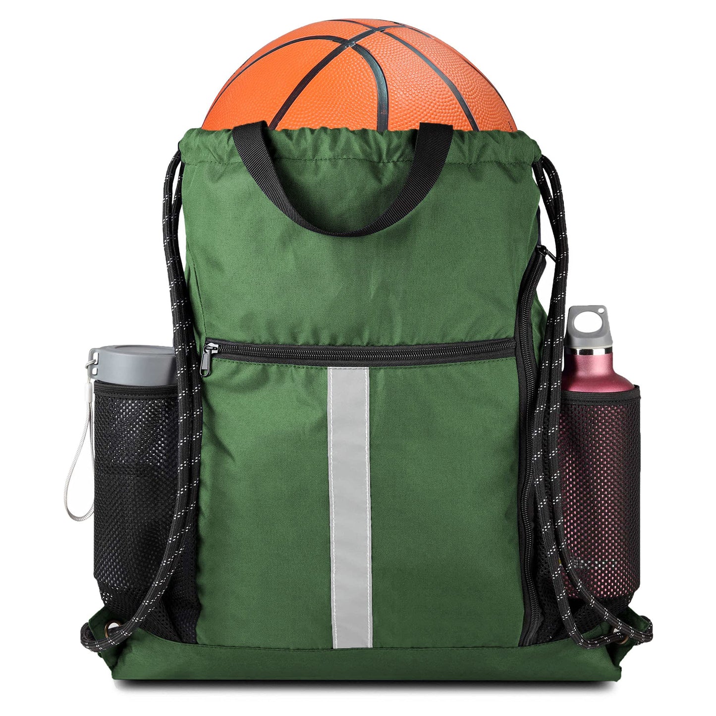 BeeGreen Green Drawstring Bag Gym Cinch Backpack w Shoe Compartment and Two Side Pockets Machine Washable Sports Sinch Sack String Sackpack for Swim Equipment Beach Travel