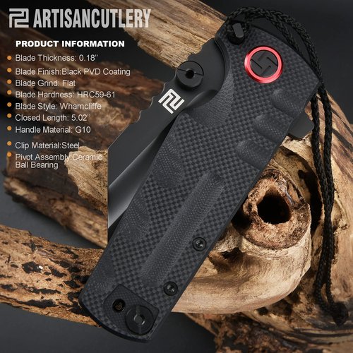 ARTISANCUTLERY Tactical Knife Proponent Normal Size(1820P) D2 Steel Black PVD Blade, Folding Pocket Knife with G10 Handle, Black