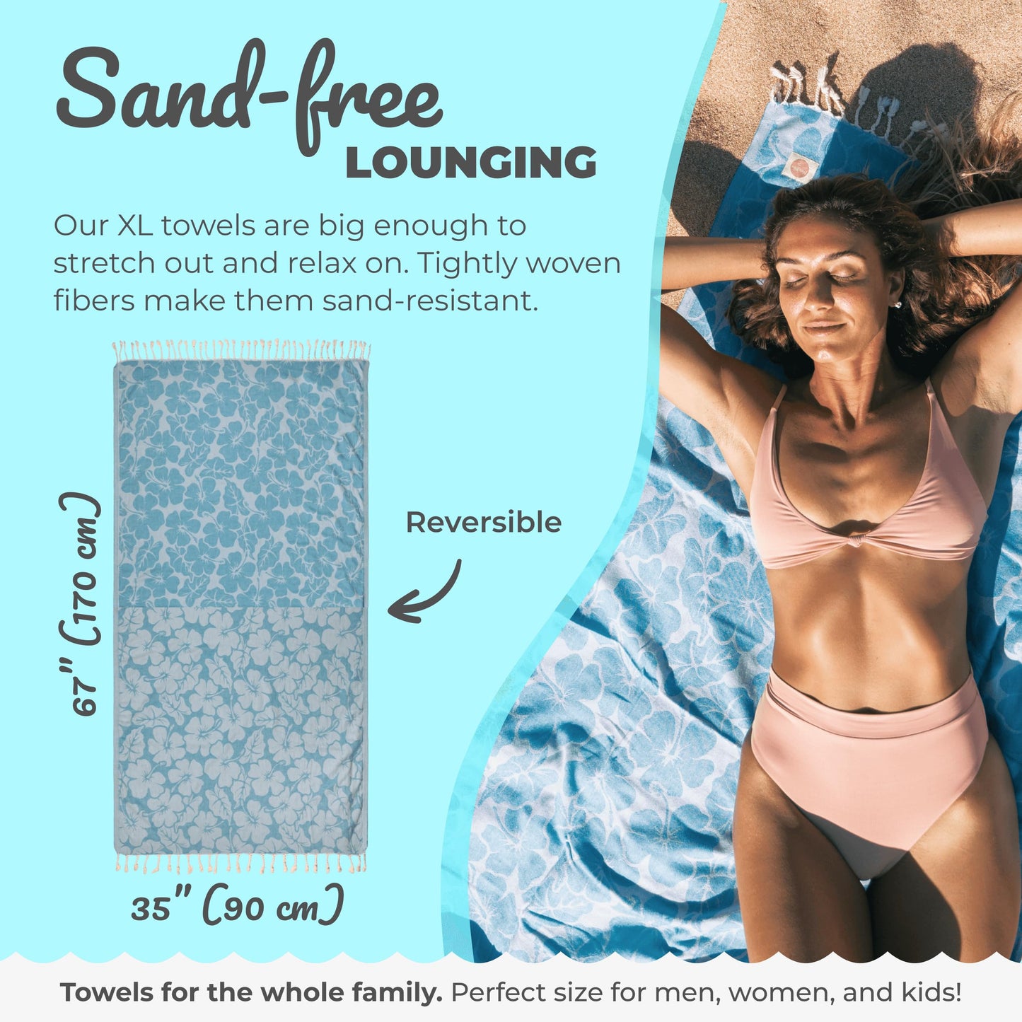 Nova Blue Hibiscus Turkish Beach Towel (35 X 67) - Oversize Sandproof, 100% Turkish Cotton, Quick Drying With Unique Designs