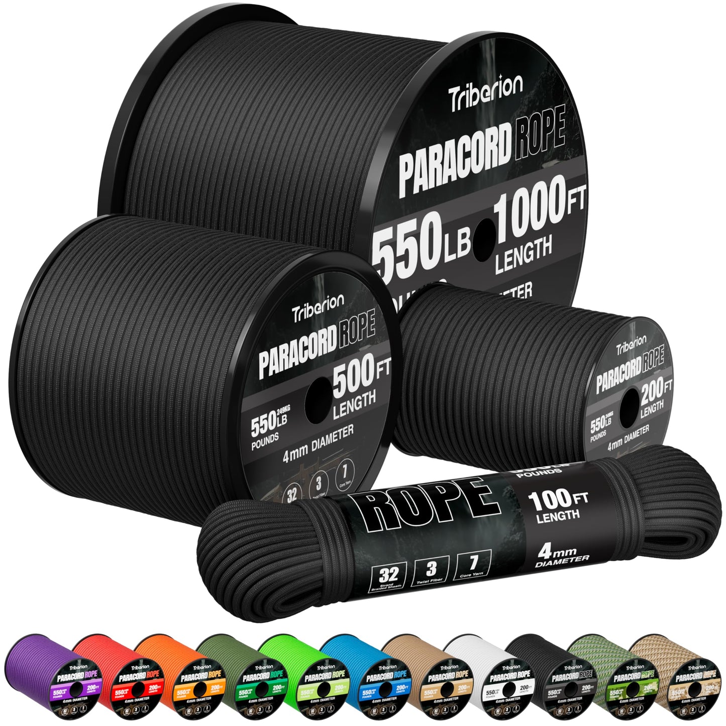 Paracord Rope 550 lb - 1000ft 5/32" Parachute Cord 4MM 7-Strand para Cord - Heavy Duty Spool String for Survival,Camping Gear, Survival Bracelet, Clothesline - Black