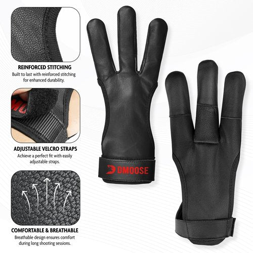 DMoose Archery Glove, Leather Gloves for Recurve & Compound Bow - Non-Slip Padded Tips for Grip Stability, Three Finger Protected Design Archery Finger tab, Archery Accessories for Men, Women & Youth
