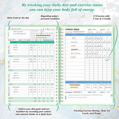 Wellness Planner & Fitness Log - Daily Diet & Health Journal with Weight Loss, Wellness Journal Notebook for Tracking Fitness, Sleep, Nutrition, Meal, Habits, A5(5.8 x 8.6 inch) (Green)