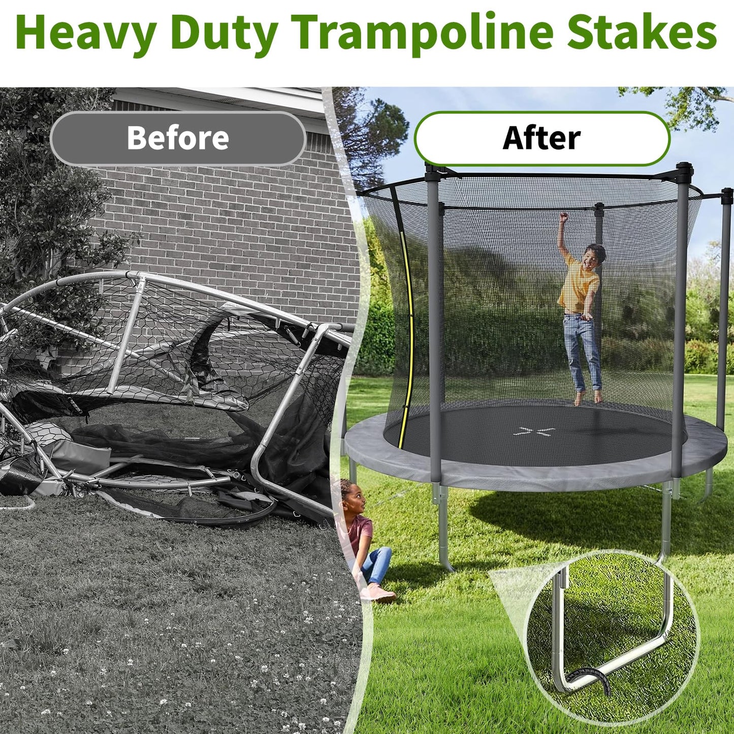12 Inches Trampoline Wind Stakes, Heavy Duty U Stakes for Ground, 8-Pack Trampoline Tie Down Anchor Kit for Swing Set and Soccer Goal Galvanized Steel Anchors Black