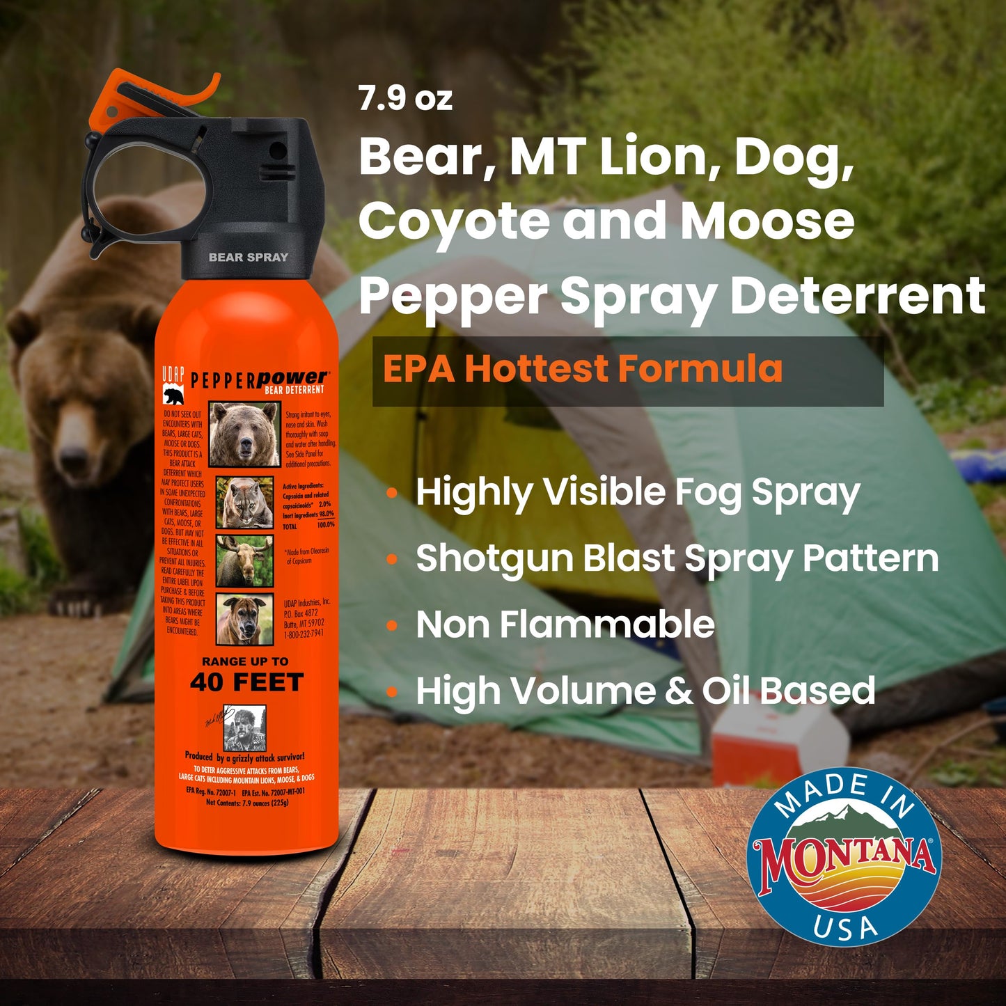 UDAP SOG Pepper Power Bear, Mountain Lion, Dog, Coyote, & Moose Spray Self Defense Deterrent with Griz Guard Holster for Camping, Hiking, Fishing, Powerful Blast, 40 ft Fog Barrier, Safety 7.9 oz