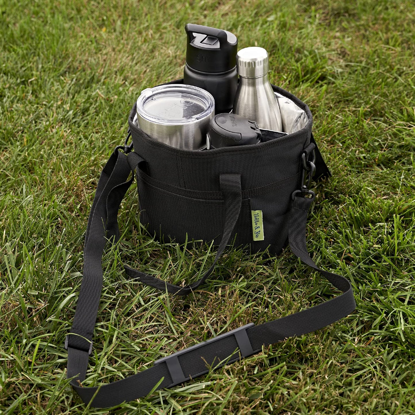 4 Water Bottle Holder with Strap | Family Size 4 Compartment Drink Bag, Multiple Tumbler Carrier Caddy | Adjustable Fits Large & Small Drinks | Hands Free, Won't Tip Over in Car (Black)