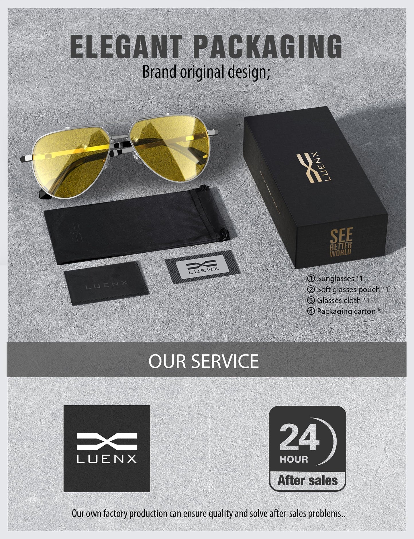 LUENX Night Vision Glasses,Aviator Polarized Sunglasses for Men Women Driving Yellow Lens Silver Frame Anti Glare Clear Sight 60MM