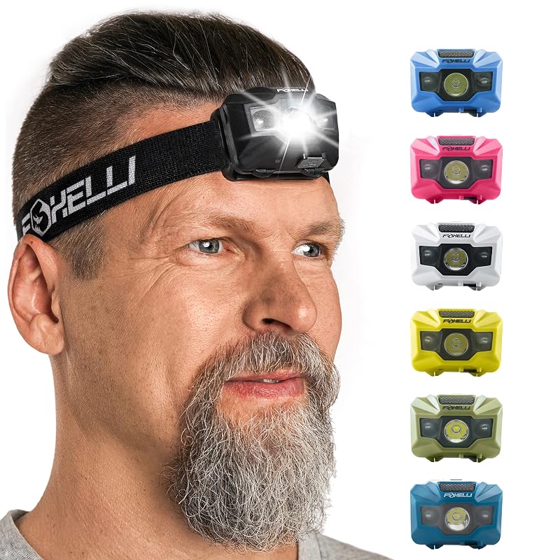 Foxelli USB-C Rechargeable Headlamp - Ultra-Light 2.4 oz, 180 Lumens, Red/White 5 Modes, IPX5 Waterproof (Black)